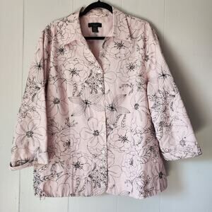 Vintage Silkland Jacket Women’s Plus 2X Pink Floral 100% Silk Beaded Button Fron